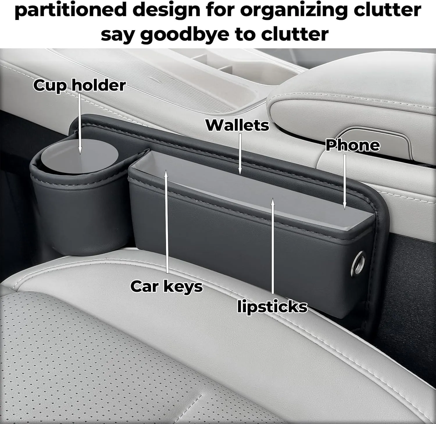 Car Seat Gap Filler Organizer, Car Organizer, Gap Storage Box with Cup Holders for Drink, Car Leather Cup Holder Gap Bag Front Seat for Holding Phone, Sunglasses,Keys（White Passenger Seat