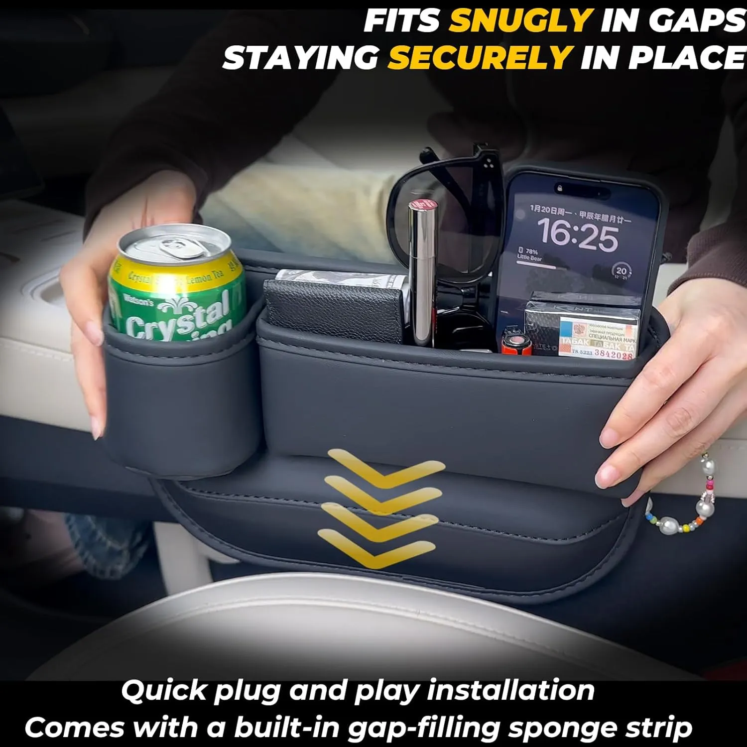 Car Seat Gap Filler Organizer, Car Organizer, Gap Storage Box with Cup Holders for Drink, Car Leather Cup Holder Gap Bag Front Seat for Holding Phone, Sunglasses,Keys（White Passenger Seat