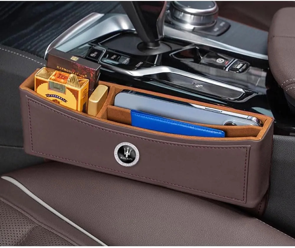 Car Seat Storage Box for Maserati Ghibli Quattroporte Gregory Levante Grecale Series Car Seat Gap Organizer Seat Side Bag Reserved Charging Cable Hole Car Accessories,Brown