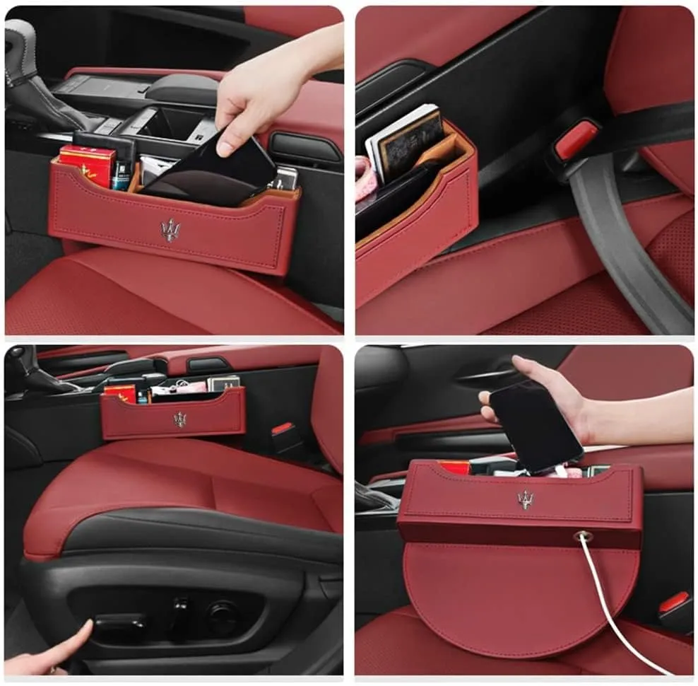 Car Seat Storage Box for Maserati Ghibli Quattroporte Levante GT GC GranSport Coupé MC20 Series Car Seat Gap Organizer Seat Side Bag Reserved Charging Cable Hole Car Accessories,Beige