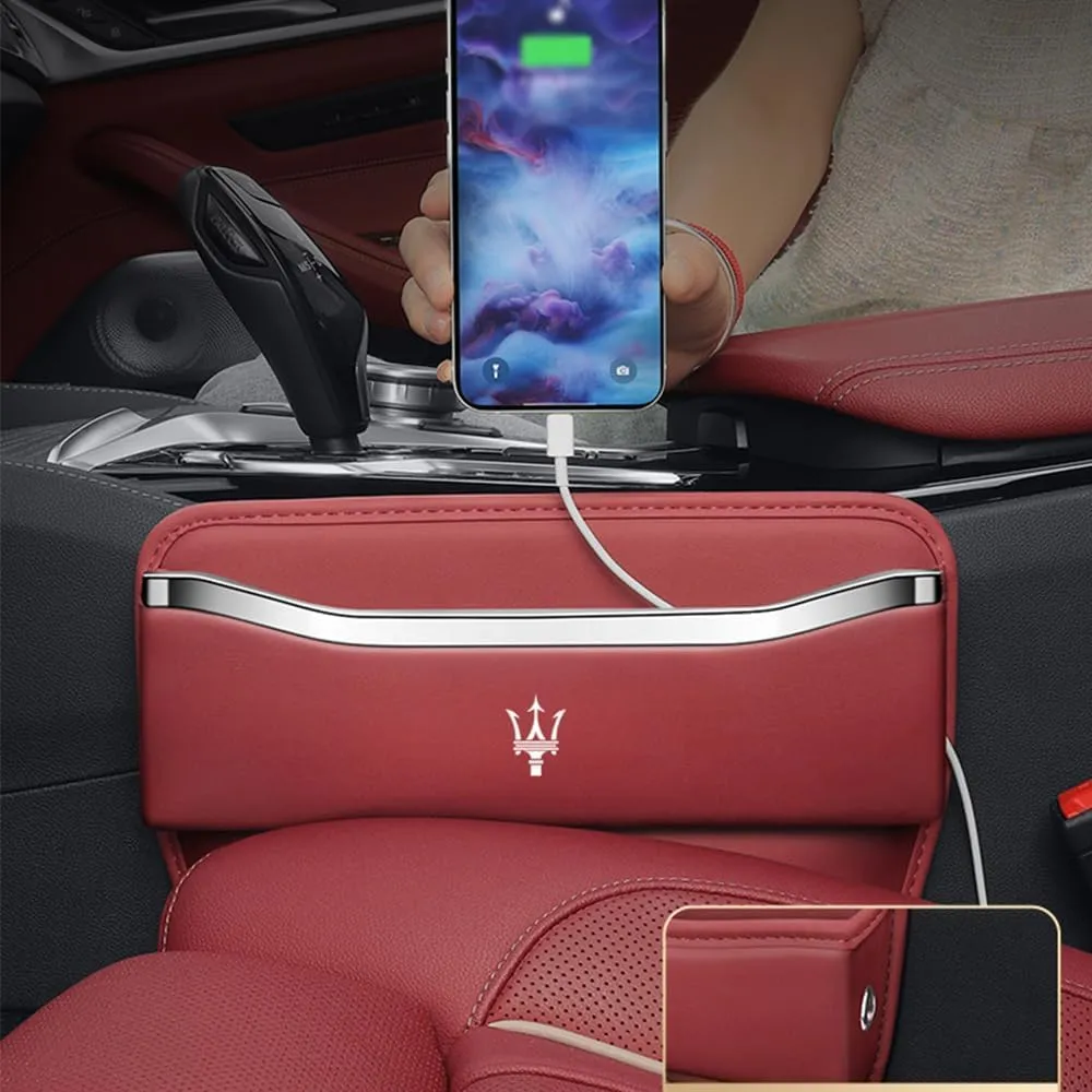 Car Seat Storage Box for Maserati Ghibli Quattroporte Levante GT GC GranSport Coupé MC20 Series Car Seat Gap Organizer Seat Side Bag Reserved Charging Cable Hole Car Accessories,Beige