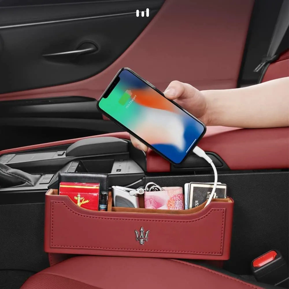Car Seat Storage Box for Maserati Ghibli Quattroporte Levante GT GC GranSport Coupé MC20 Series Car Seat Gap Organizer Seat Side Bag Reserved Charging Cable Hole Car Accessories,Beige