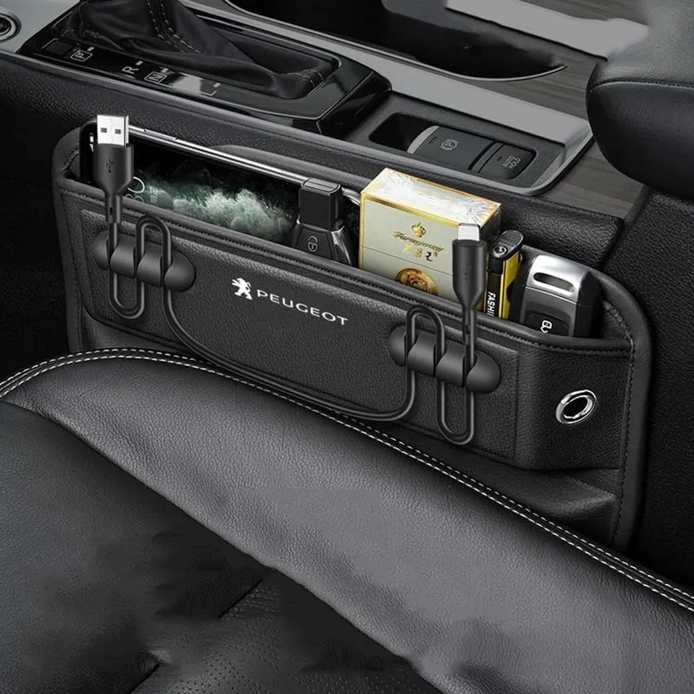 Car Seat Storage Box for Peugeot 206 208 306 307 308 2008 3008 4008 408 508 Series Car Seat Gap Organizer Seat Side Bag Reserved Charging Cable Hole Car Accessories,Brown