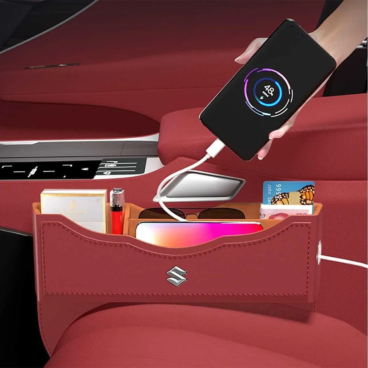 Car Seat Storage Box for Suzuki Grand Vitara Sx4 Swift Alto Jimny Series Car Seat Gap Organizer Seat Side Bag Reserved Charging Cable Hole Car Accessories,One Piece-Red