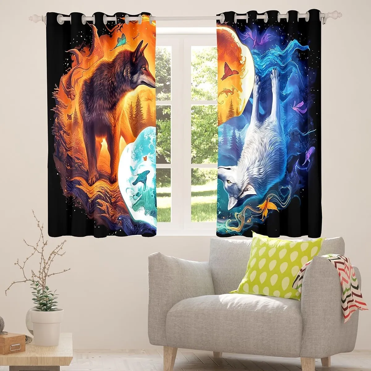 Castle Fairy Wolf Pattern Curtains,Ice and Fire Window Curtains for Boys Girls Teens,Yin Yang Themed Window Treatment Curtains Home Decor,Universe Galaxy Window Drapes for Living Room Bedroom,52Wx96L