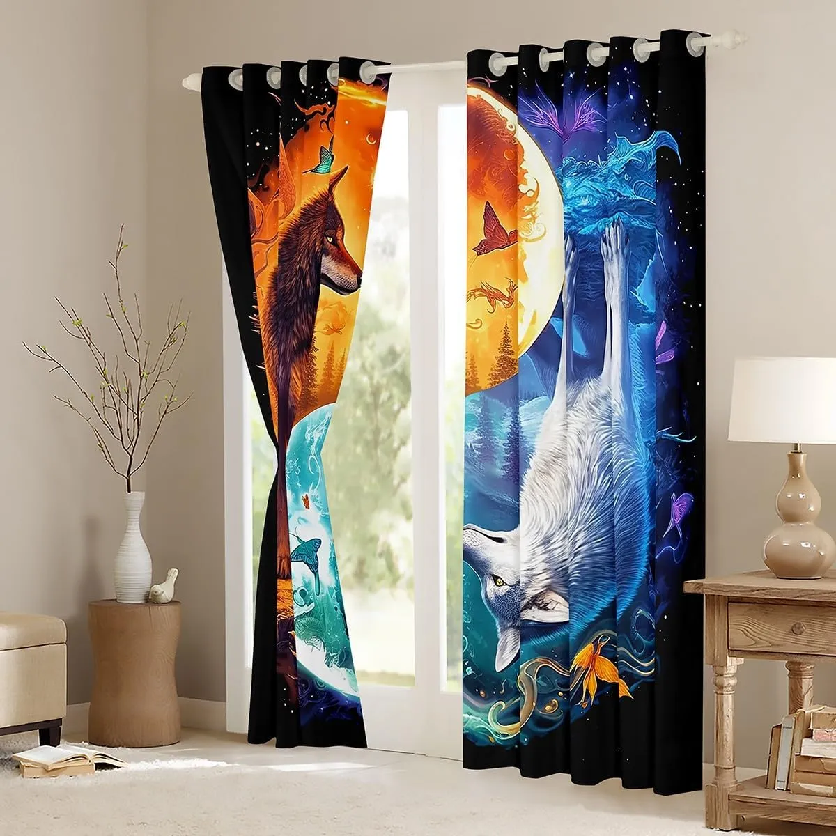 Castle Fairy Wolf Pattern Curtains,Ice and Fire Window Curtains for Boys Girls Teens,Yin Yang Themed Window Treatment Curtains Home Decor,Universe Galaxy Window Drapes for Living Room Bedroom,52Wx96L