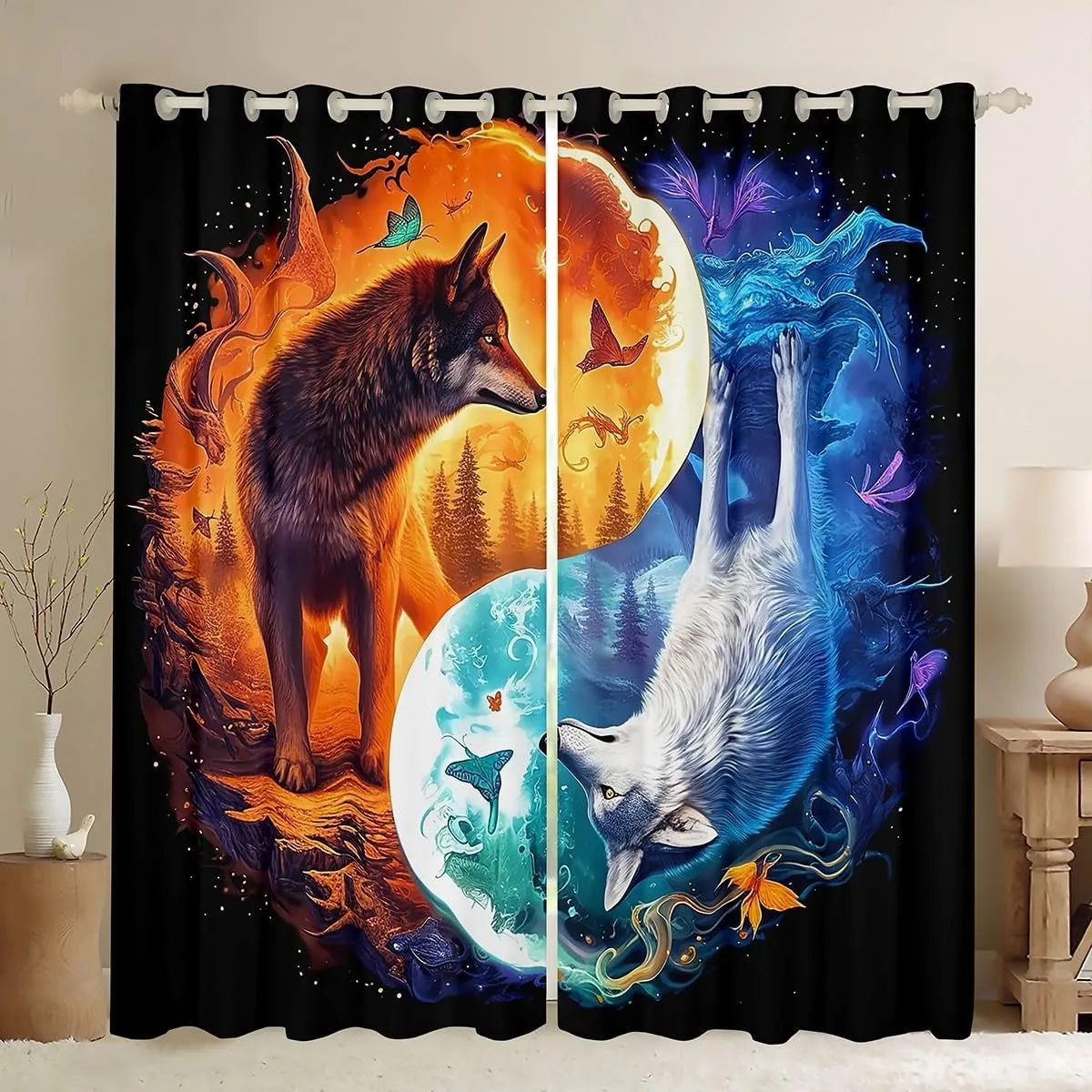 Castle Fairy Wolf Pattern Curtains,Ice and Fire Window Curtains for Boys Girls Teens,Yin Yang Themed Window Treatment Curtains Home Decor,Universe Galaxy Window Drapes for Living Room Bedroom,52Wx96L