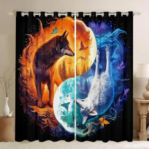 Castle Fairy Wolf Pattern Curtains,Ice and Fire Window Curtains for Boys Girls Teens,Yin Yang Themed Window Treatment Curtains Home Decor,Universe Galaxy Window Drapes for Living Room Bedroom,52Wx96L