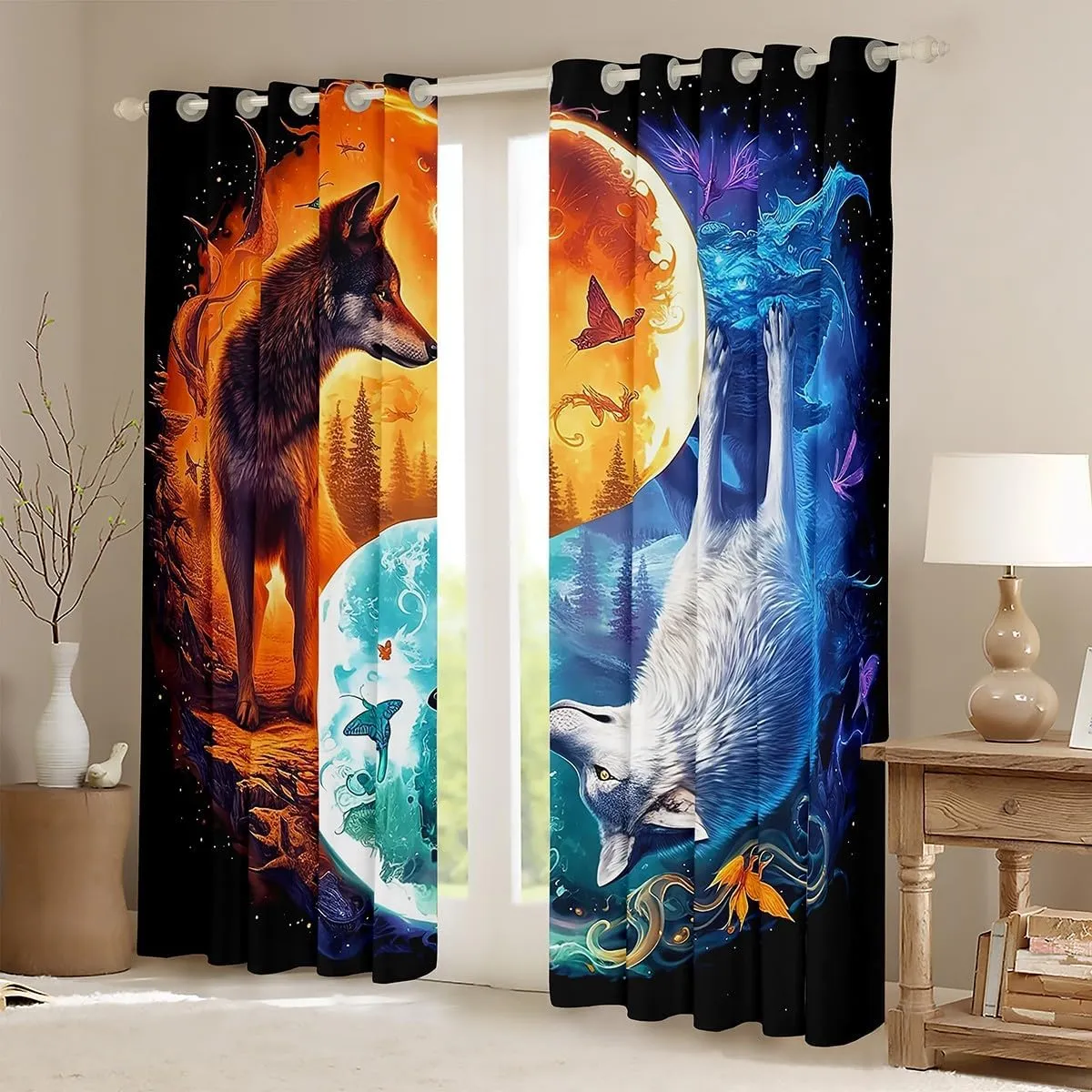 Castle Fairy Wolf Pattern Curtains,Ice and Fire Window Curtains for Boys Girls Teens,Yin Yang Themed Window Treatment Curtains Home Decor,Universe Galaxy Window Drapes for Living Room Bedroom,52Wx96L