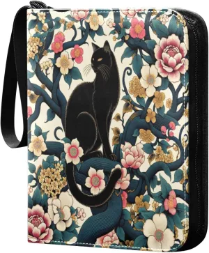 Cat and Flowers Card Binder 4 Pockets, 400 Pockets Trading Card Binder Removable Card Albums Card Holder for Games, Sports, Football, Baseball Cards