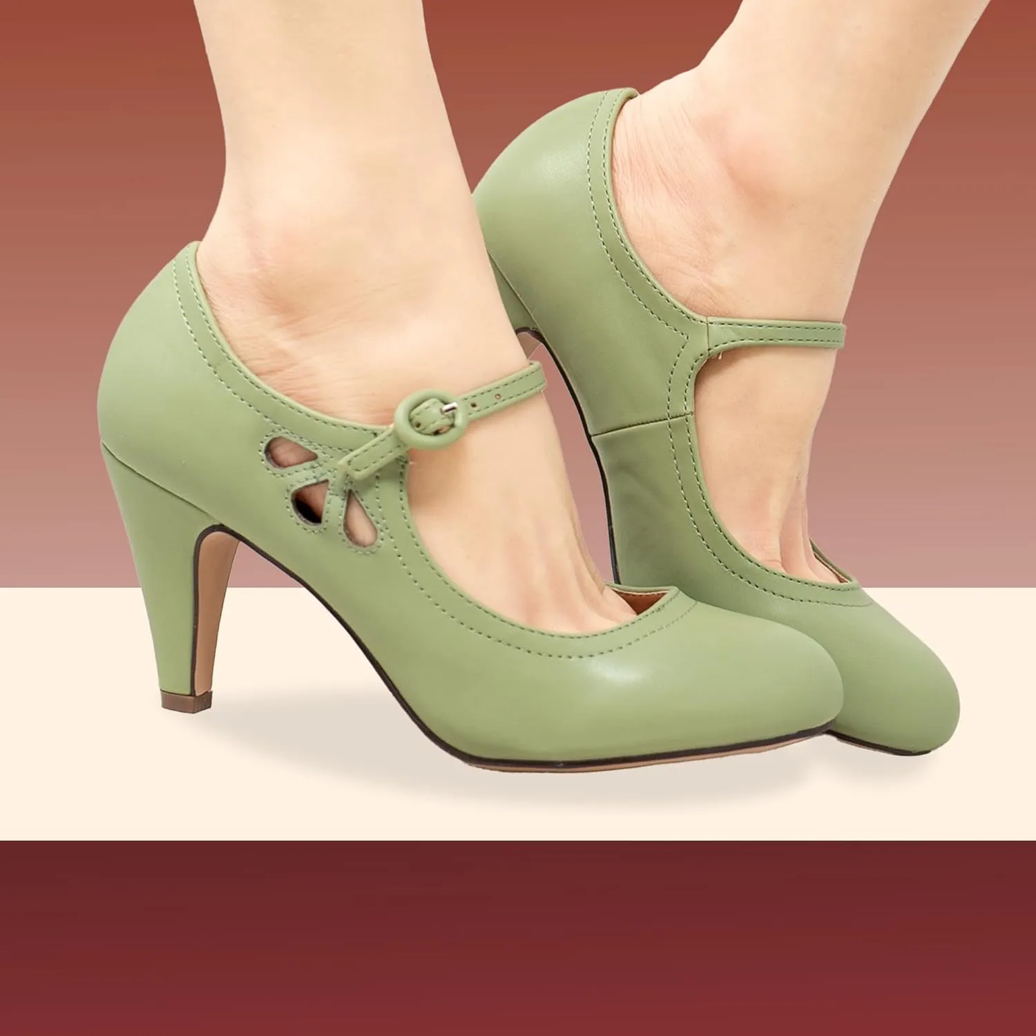 Chase & Chloe Kimmy-21 Women's Round Toe Pierced Mid Heel Mary Jane Style Dress Pumps
