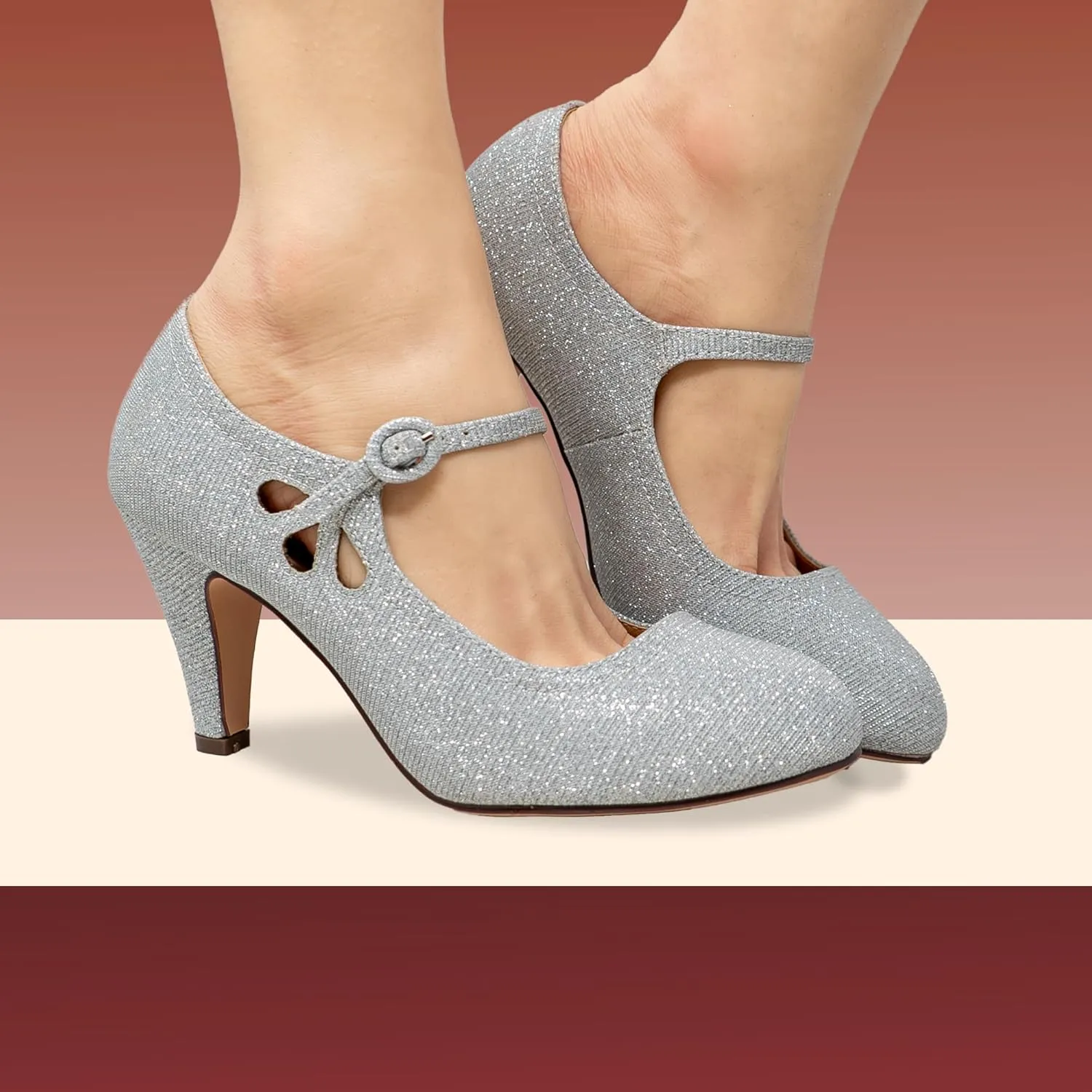 Chase & Chloe Kimmy-21 Women's Round Toe Pierced Mid Heel Mary Jane Style Dress Pumps