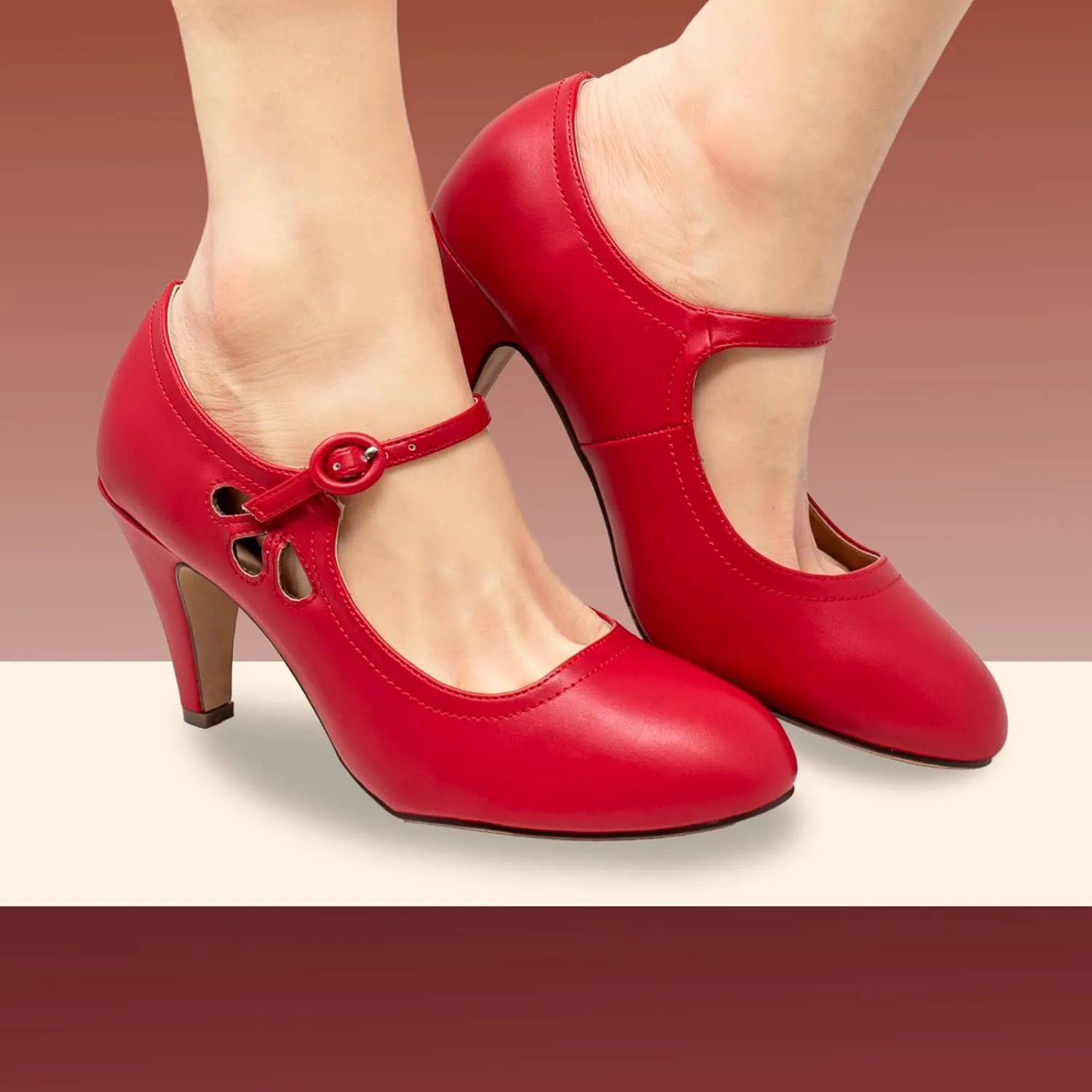 Chase & Chloe Kimmy-21 Women's Round Toe Pierced Mid Heel Mary Jane Style Dress Pumps