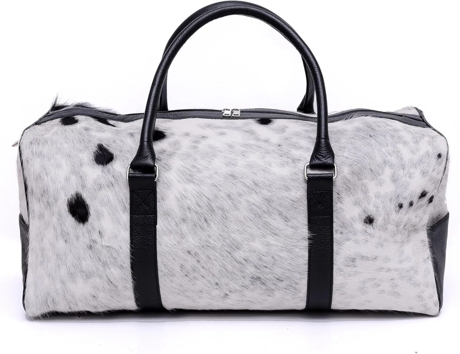 CHAYELL Luxurious Cowhide Duffel Bag for Men's and Women's - Large Size Unisex Travel Duffle Bag, Unique Leather Gym Bag Weekender Overnight Bag Premium Quality Cow Hair On Duffle (Duffle Bag, White)