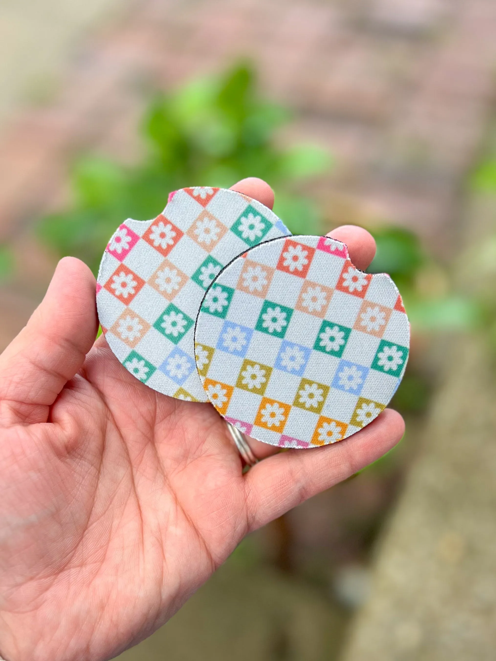 Checkered Daisy Car Coasters