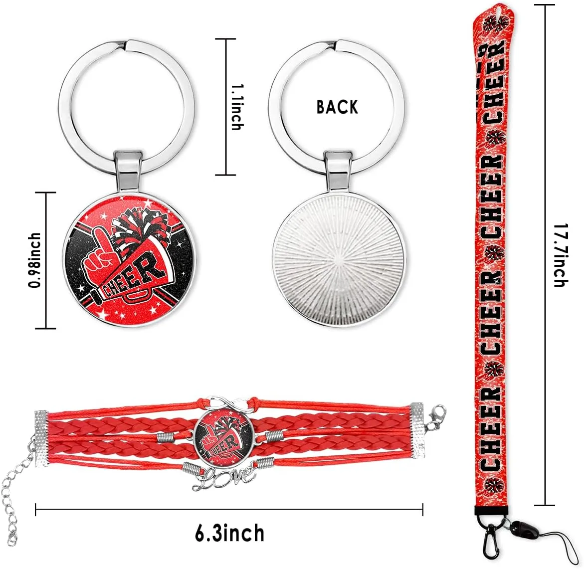 Cheerleading Drawstring Bag Gift Set Including Drawstring Sackpack Stickers Lanyard Keychains Bracelets Hair Ties 6 Pcs(Red)