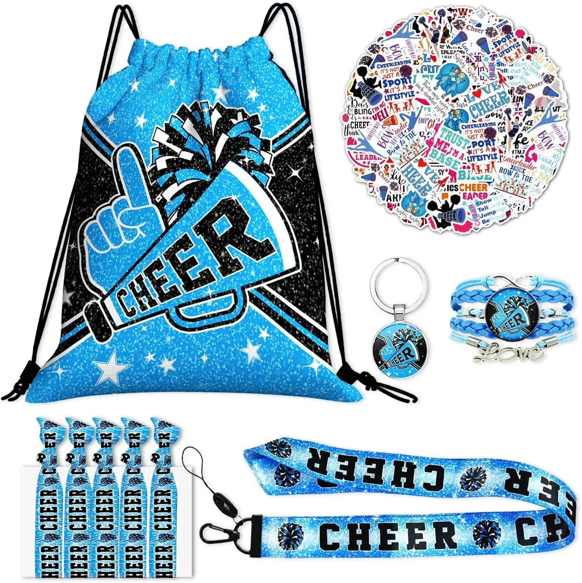 Cheerleading Drawstring Bag Set Including Drawstring Sackpack Stickers Lanyard Keychains Bracelets Hair Ties 6 Pcs