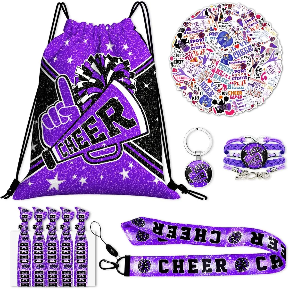 Cheerleading Drawstring Bag Set Including Drawstring Sackpack Stickers Lanyard Keychains Bracelets Hair Ties 6 Pcs(Purple)
