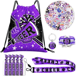 Cheerleading Drawstring Bag Set Including Drawstring Sackpack Stickers Lanyard Keychains Bracelets Hair Ties 6 Pcs(Purple)
