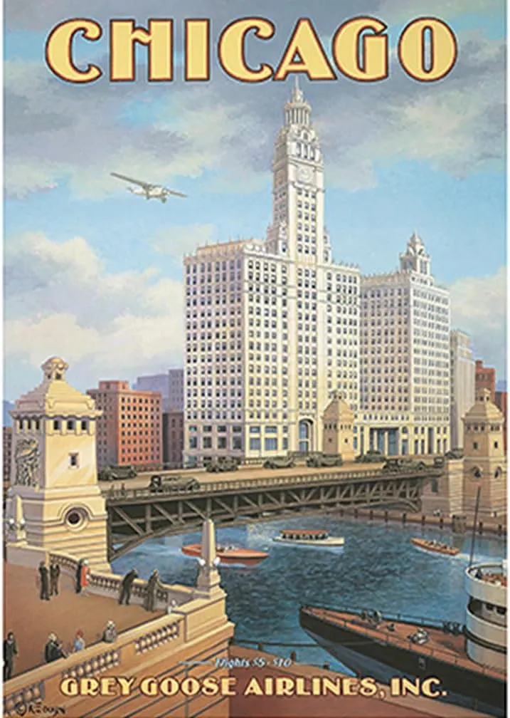 Chicago Illinois - DuSable Bridge (Michigan Avenue Bridge) - Grey Goose Airlines - Vintage Airline Travel Poster by Kerne Erickson - Master Art Print 10in x 14in