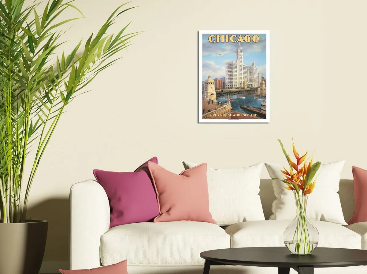 Chicago Illinois - DuSable Bridge (Michigan Avenue Bridge) - Grey Goose Airlines - Vintage Airline Travel Poster by Kerne Erickson - Master Art Print 10in x 14in
