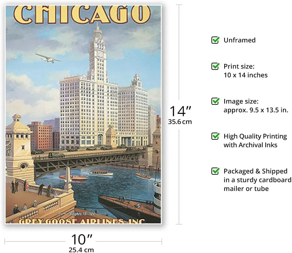 Chicago Illinois - DuSable Bridge (Michigan Avenue Bridge) - Grey Goose Airlines - Vintage Airline Travel Poster by Kerne Erickson - Master Art Print 10in x 14in