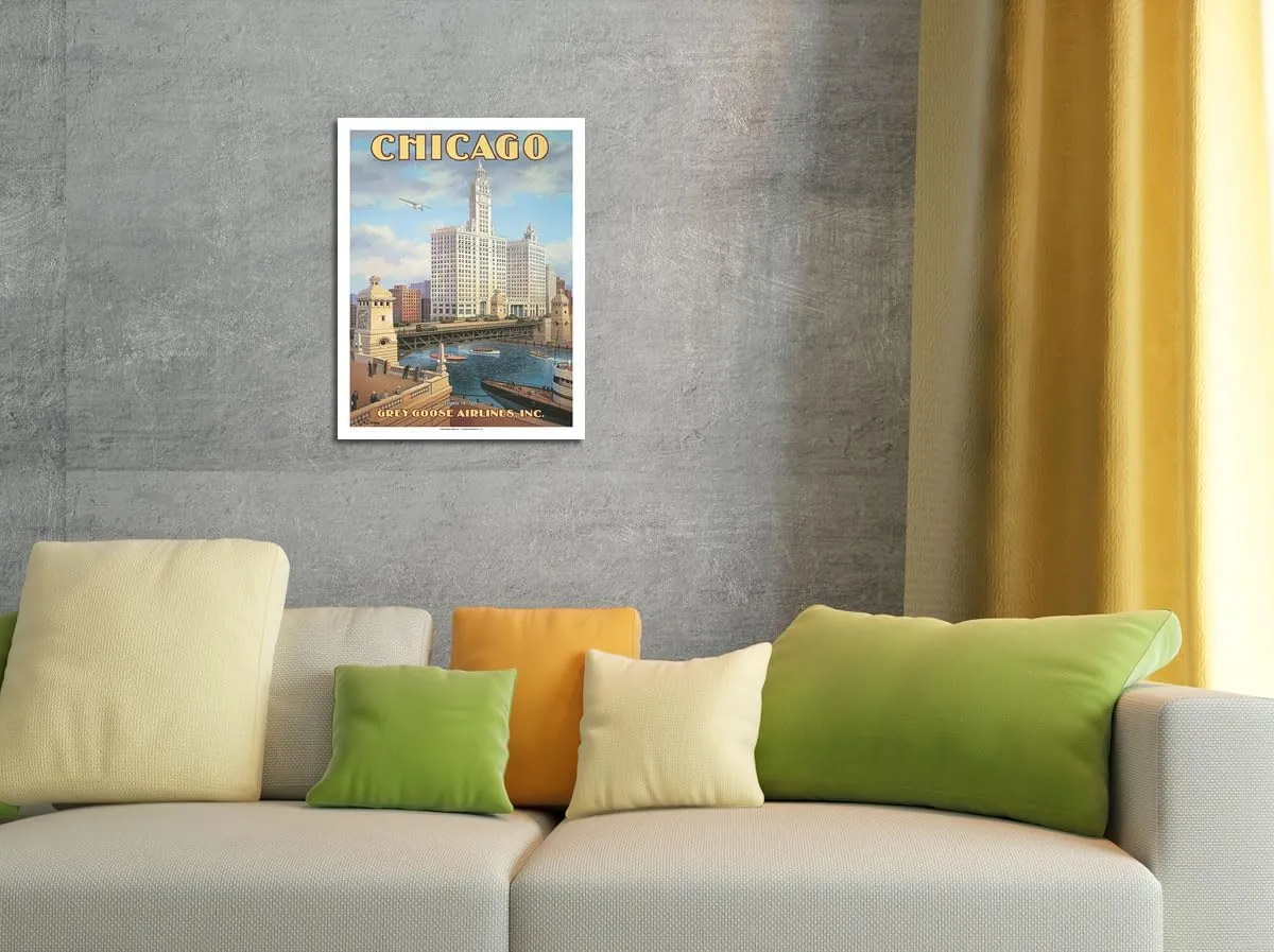 Chicago Illinois - DuSable Bridge (Michigan Avenue Bridge) - Grey Goose Airlines - Vintage Airline Travel Poster by Kerne Erickson - Master Art Print 10in x 14in
