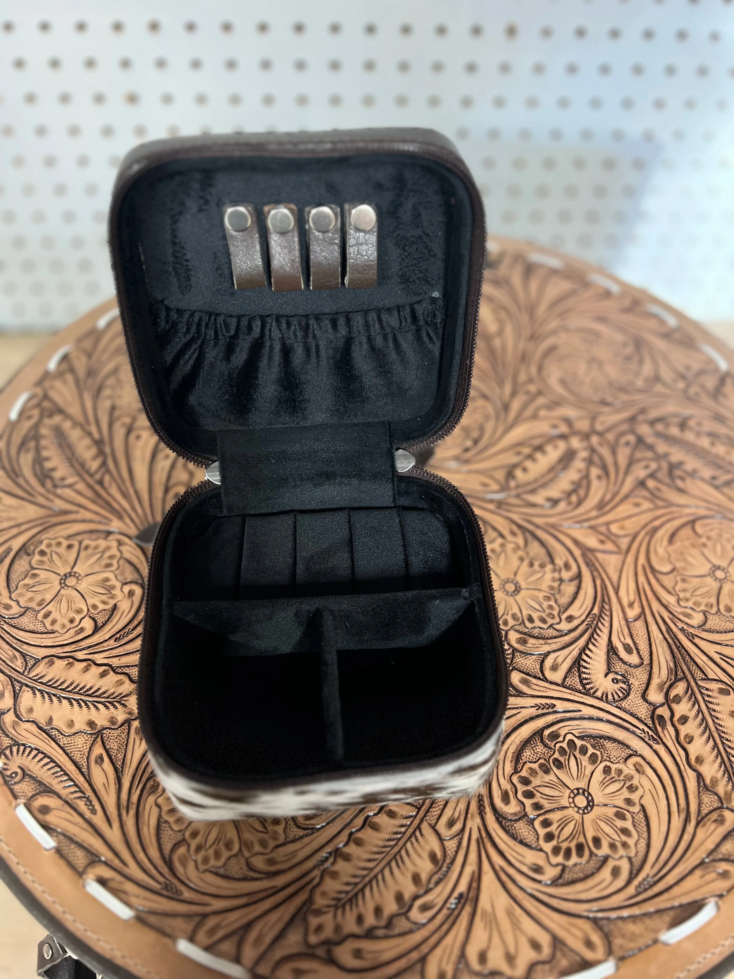 Chocolate brown, dark brown/white cowhide mini jewelry case - wholesale