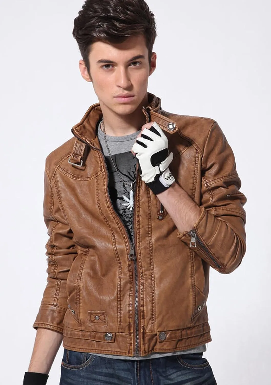 chouyatou Men's Vintage Stand Collar Pu Leather Jacket
