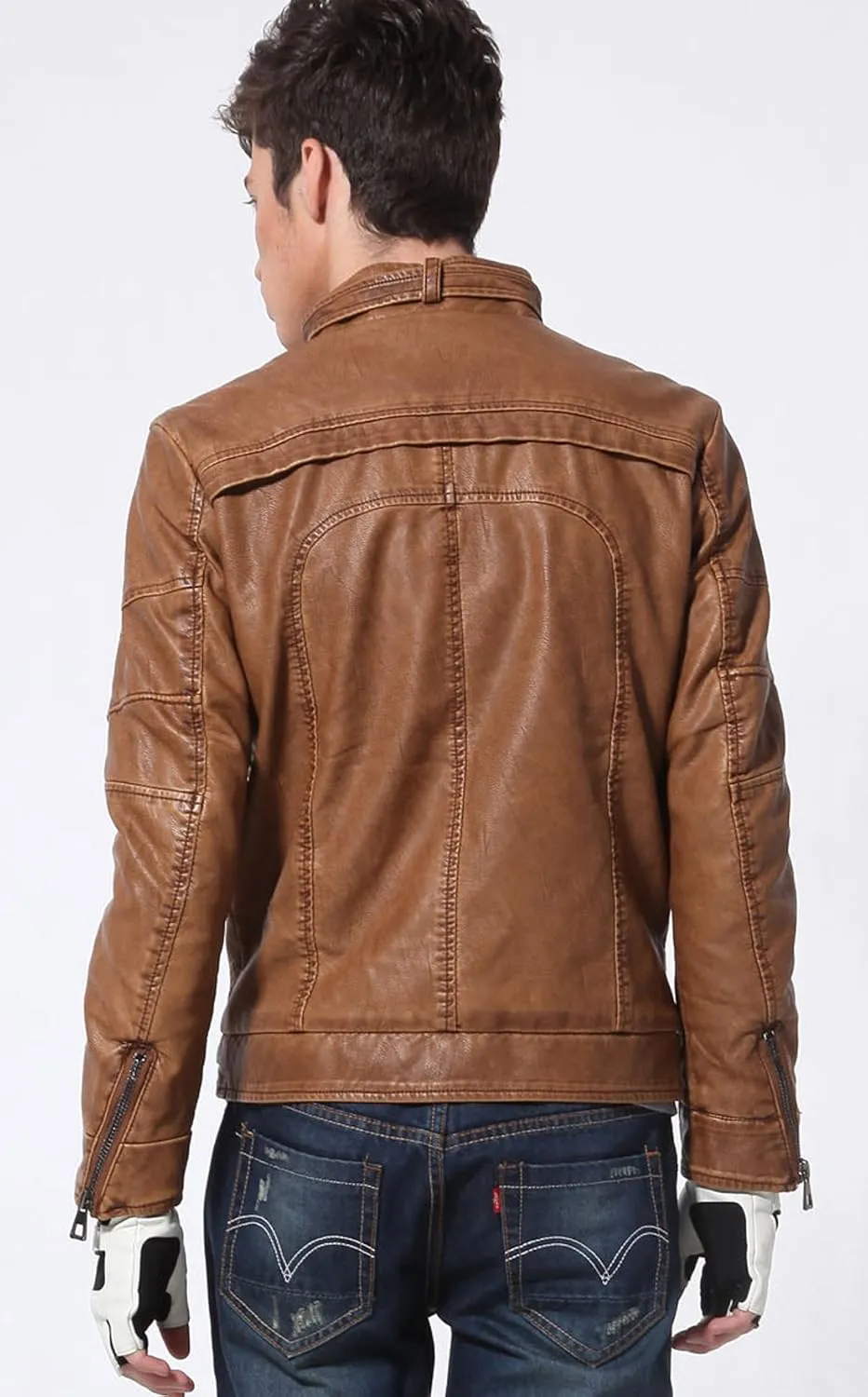 chouyatou Men's Vintage Stand Collar Pu Leather Jacket