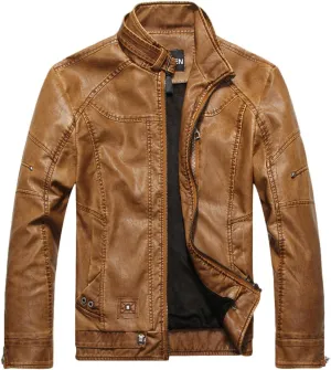 chouyatou Men's Vintage Stand Collar Pu Leather Jacket