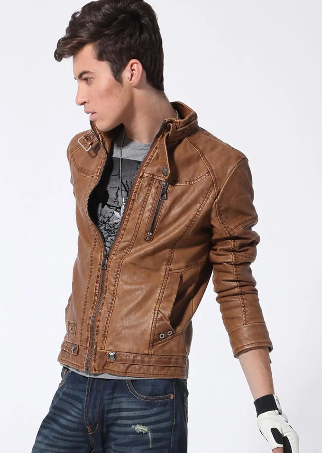 chouyatou Men's Vintage Stand Collar Pu Leather Jacket