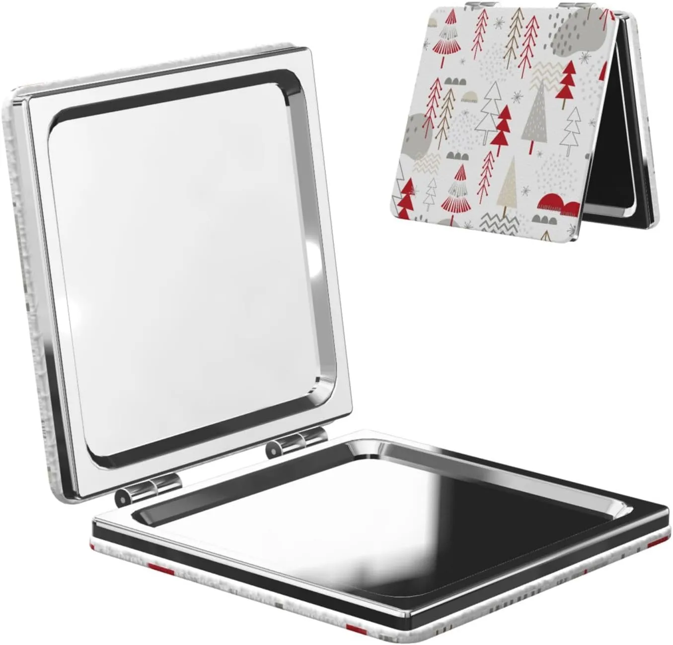 Christmas Trees with Red Stars Small Makeup Mirror Portable Travel Cosmetic Mirror Folding Small Pocket Mirror