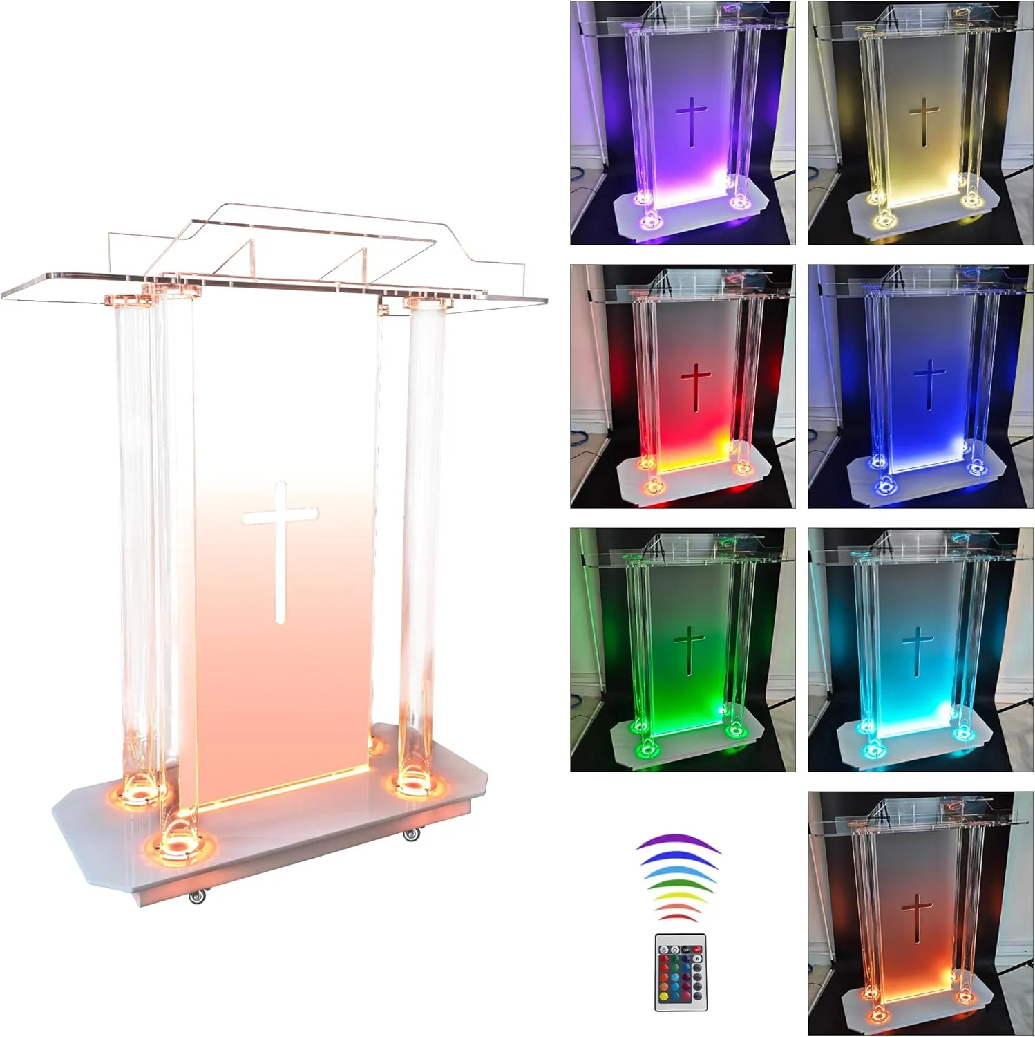 Church Pulpit with Hollow Cross Design,Led Acrylic Church Podium with Wheels& Vertical Reading Platform, 46”Transparent Lecterns for Churches,Classroom and Weeding