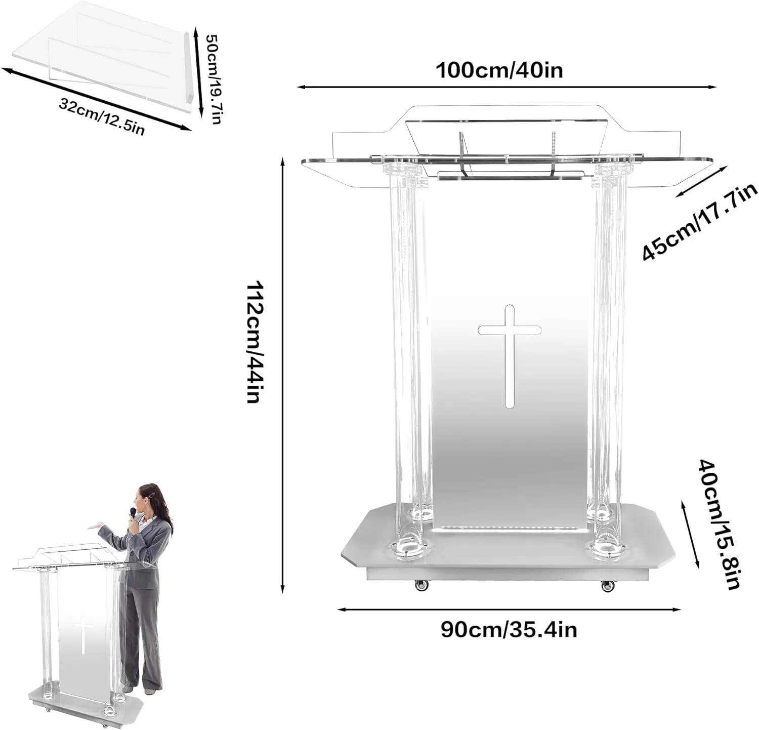 Church Pulpit with Hollow Cross Design,Led Acrylic Church Podium with Wheels& Vertical Reading Platform, 46”Transparent Lecterns for Churches,Classroom and Weeding