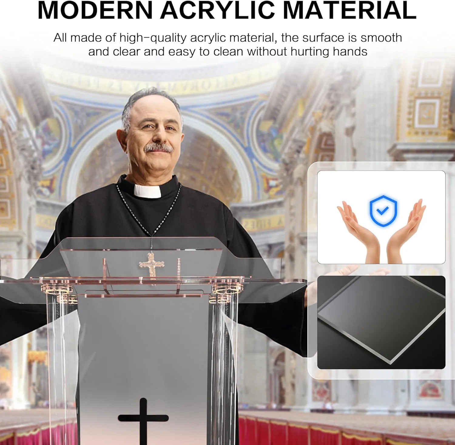 Church Pulpit with Hollow Cross Design,Led Acrylic Church Podium with Wheels& Vertical Reading Platform, 46”Transparent Lecterns for Churches,Classroom and Weeding