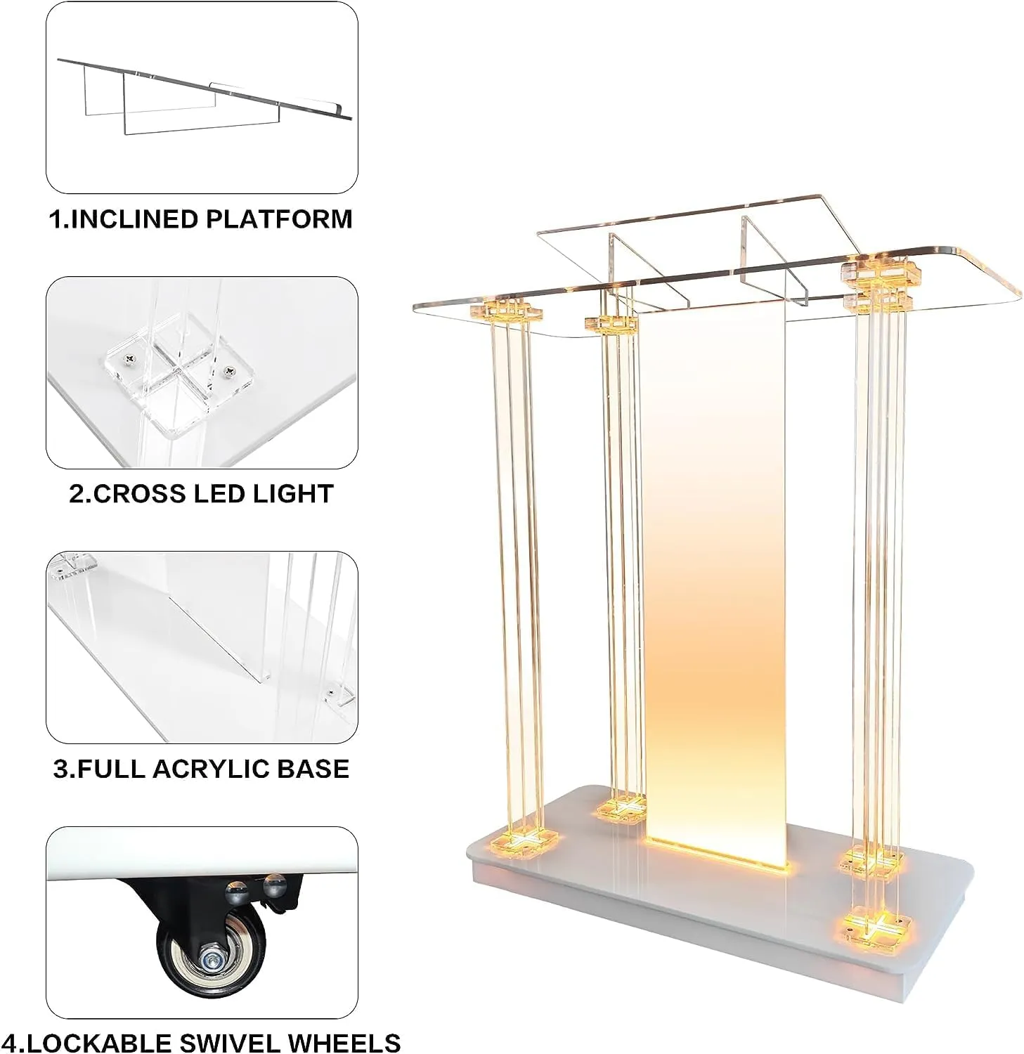 Church Pulpit with Wheels,Church Podium with Led Light,Acrylic Church Podium with Rollers& Vertical Reading Platform, 46”Elegant Transparent Lecterns for Churches Entrance, Classroom