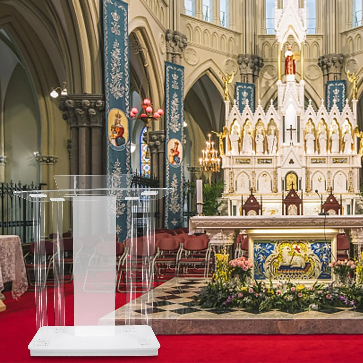 Church Pulpit with Wheels,Church Podium with Led Light,Acrylic Church Podium with Rollers& Vertical Reading Platform, 46”Elegant Transparent Lecterns for Churches Entrance, Classroom