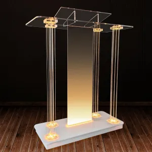 Church Pulpit with Wheels,Church Podium with Led Light,Acrylic Church Podium with Rollers& Vertical Reading Platform, 46”Elegant Transparent Lecterns for Churches Entrance, Classroom