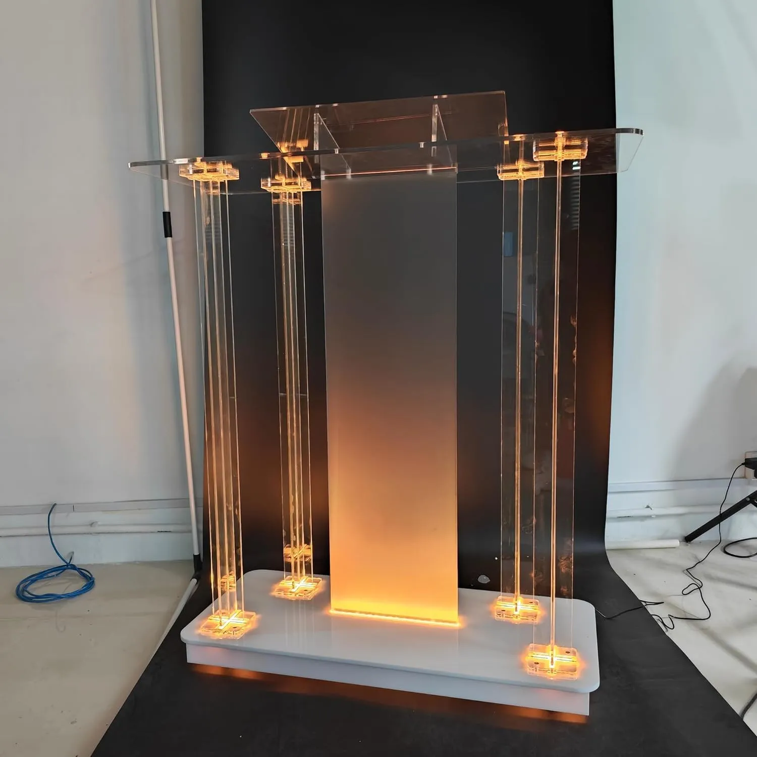 Church Pulpit with Wheels,Church Podium with Led Light,Acrylic Church Podium with Rollers& Vertical Reading Platform, 46”Elegant Transparent Lecterns for Churches Entrance, Classroom