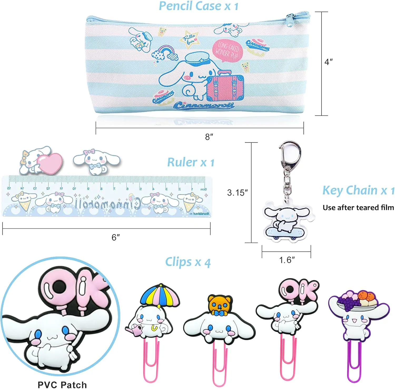Cinnamoroll School Supplies Anime Stationery Gift Set Includs Pencil Case Pens Stickers Badge Pins Keychain Lanyard with ID Card Holder Ruler Sticky Note Paper Phone Holder Gift Bag for Girls (Blue)