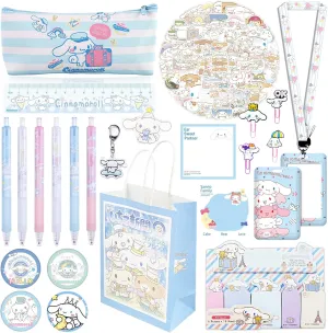 Cinnamoroll School Supplies Anime Stationery Gift Set Includs Pencil Case Pens Stickers Badge Pins Keychain Lanyard with ID Card Holder Ruler Sticky Note Paper Phone Holder Gift Bag for Girls (Blue)