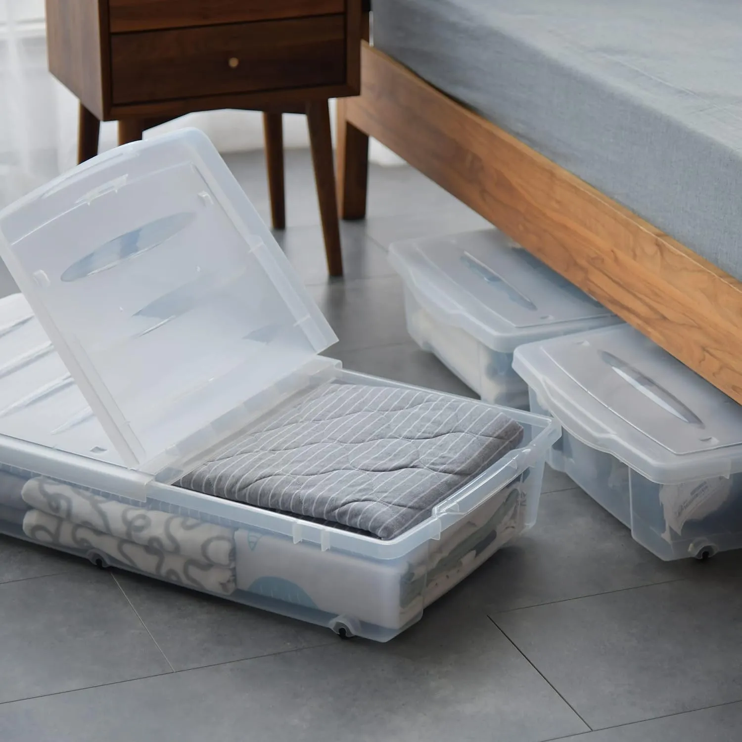 Citylife 2 Packs 57 QT Plastic Under Bed Storage Bins with Double-opening Lids Clear Underbed Storage Containers with Wheels for Organizing Shoes, Blankets, Clothes