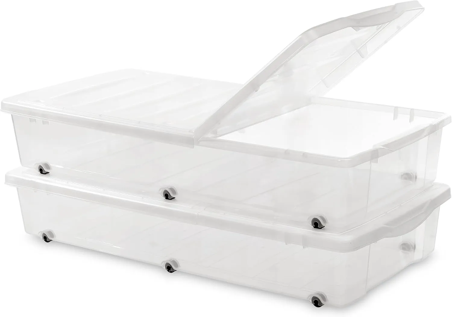 Citylife 2 Packs 57 QT Plastic Under Bed Storage Bins with Double-opening Lids Clear Underbed Storage Containers with Wheels for Organizing Shoes, Blankets, Clothes