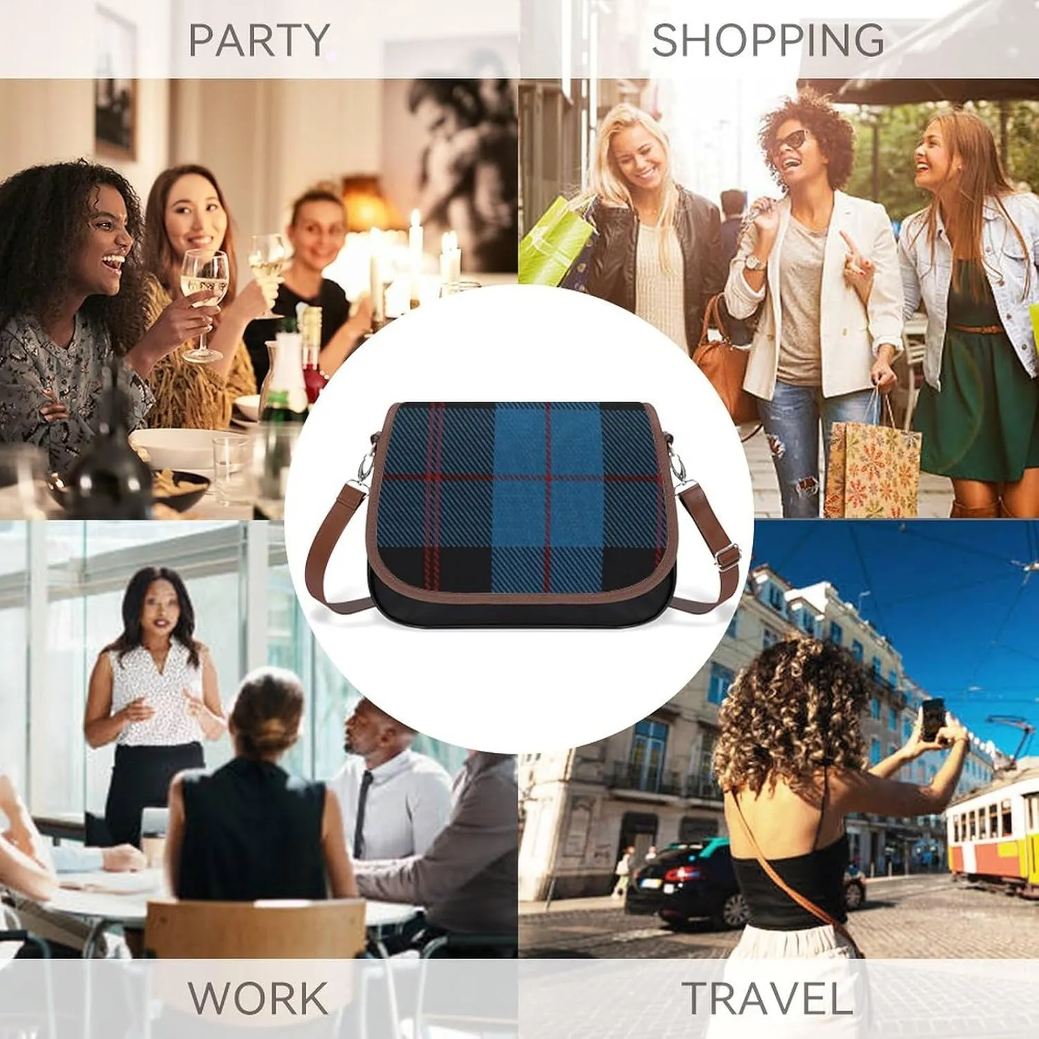 Clan Stevenson Tartan Leather Decorative Crossbody Strap Backpack, Large Capacity Shoulder Bag