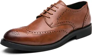 Classic Brogue Carving Wingtip Oxfords for Men Lace up Formal Dress Shoes Faux Leather Burnished Round Toe Block Heel Anti-Slip Formal Men (Color : Brown, Size : 10 M US)