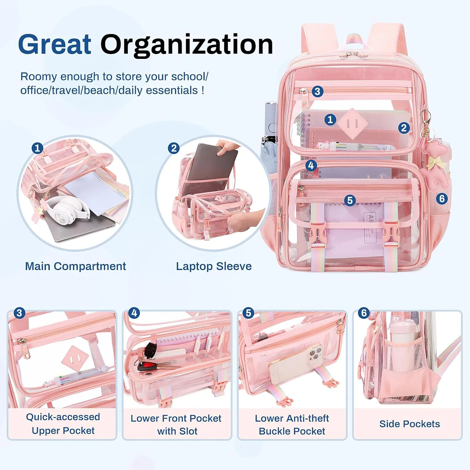 Clear Backpack for School, PVC Clear Bookbag Heavy Duty Transparent Backpack for Stadium Events See Through Bag