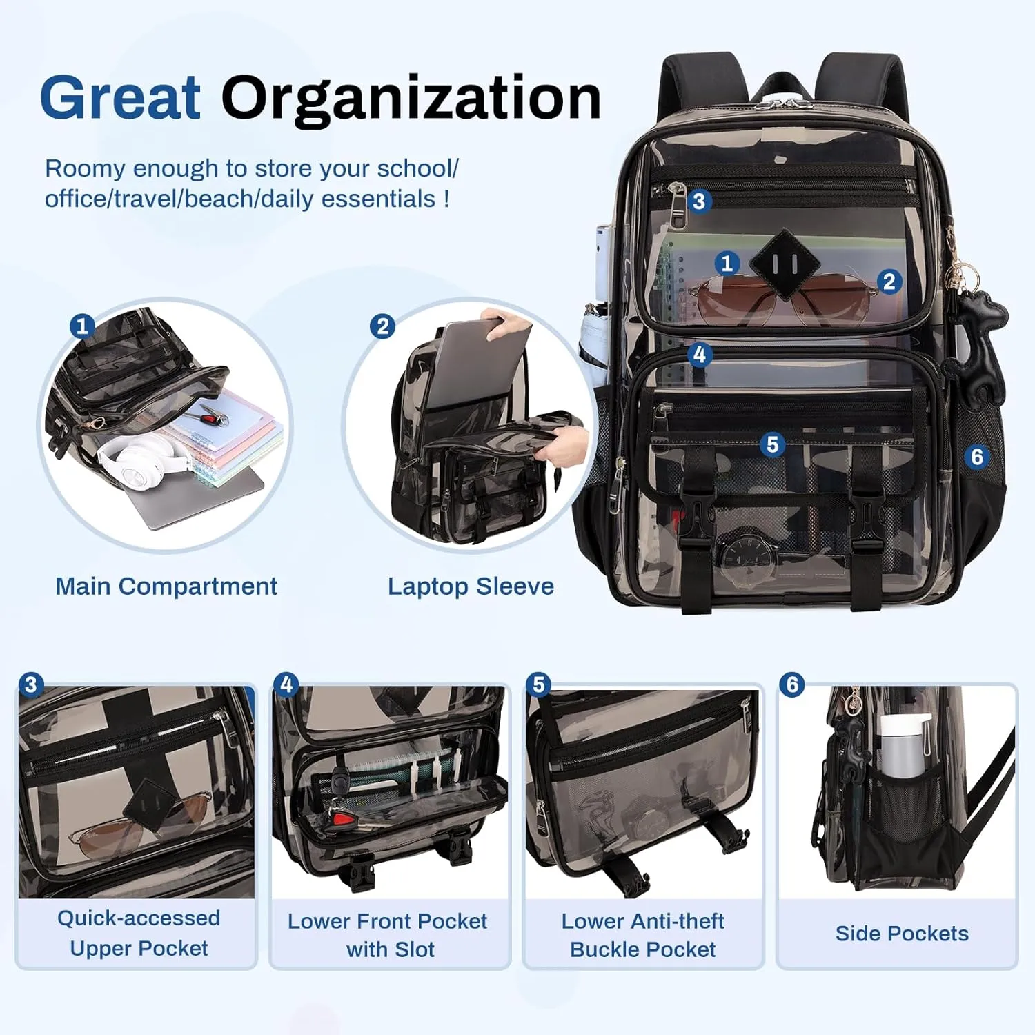 Clear Backpack for School, PVC Clear Bookbag Heavy Duty Transparent Backpack for Stadium Events See Through Bag