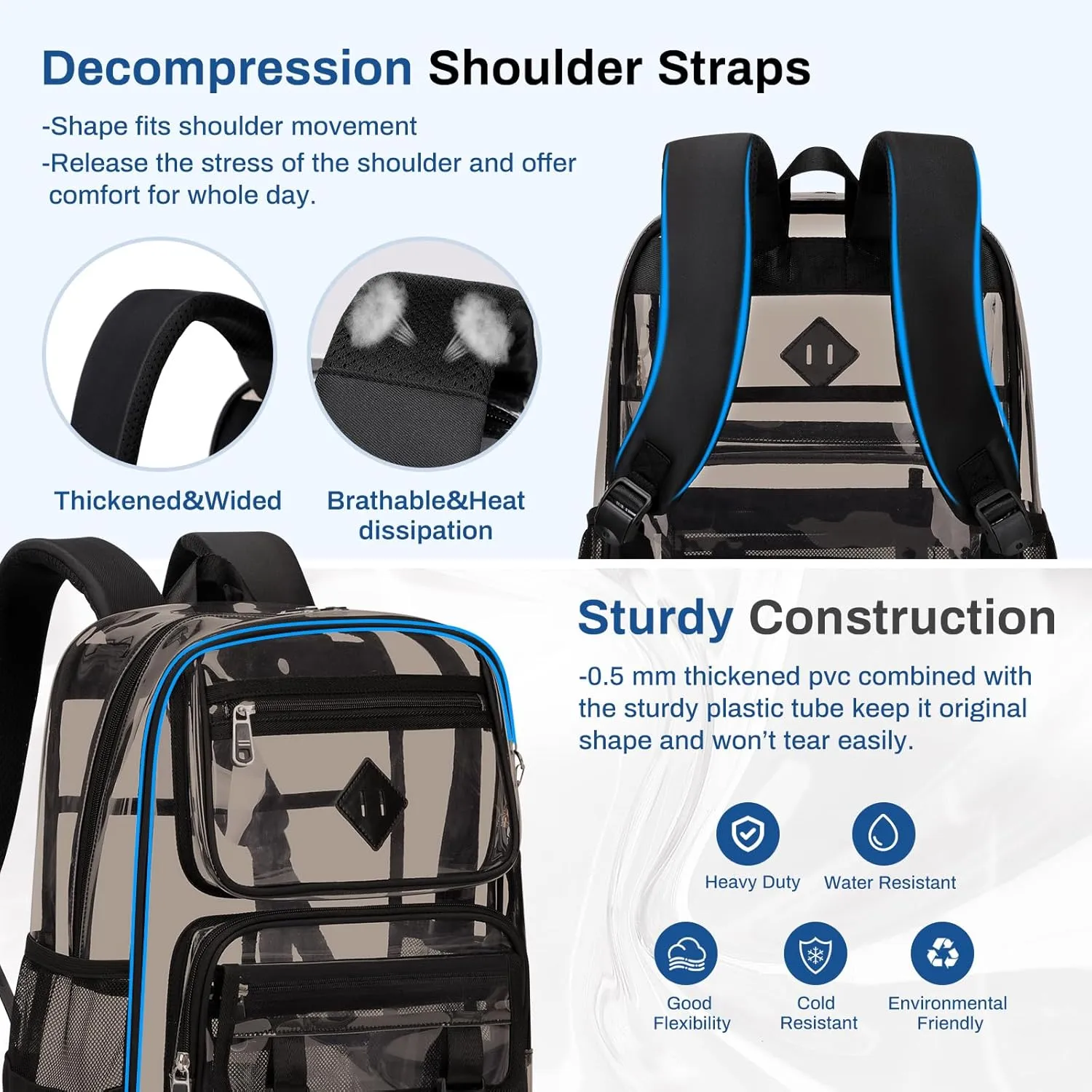 Clear Backpack for School, PVC Clear Bookbag Heavy Duty Transparent Backpack for Stadium Events See Through Bag