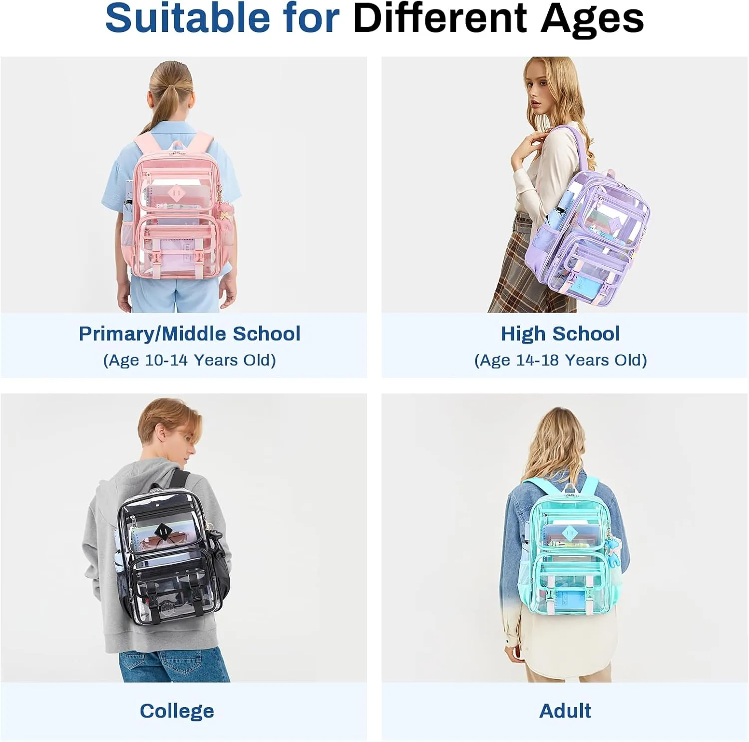 Clear Backpack for School, PVC Clear Bookbag Heavy Duty Transparent Backpack for Stadium Events See Through Bag